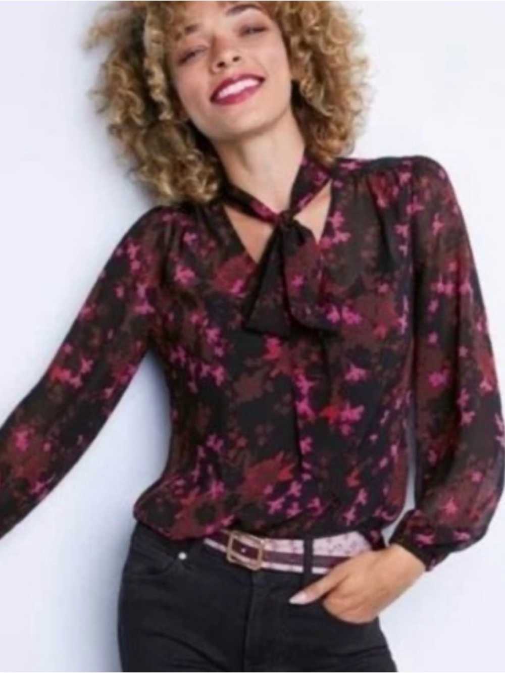 CAbi Candlelight Black Sheer Tie-Neck Blouse with Pink & Red Floral Print